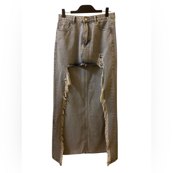 Fashion Nova Dresses & Skirts - Fashion Nova High-Waist Distressed Maxi Denim Skirt size L